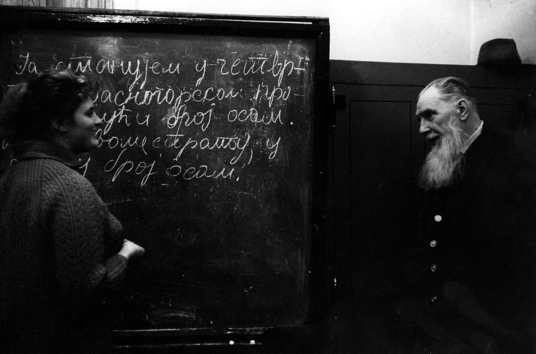 USSR. Ilya Ilych Tolstoy, eldest surviving grandson of Leo Tolstoy. He teaches a second year class in Serbo-Croatian at Moscow University. 1966.